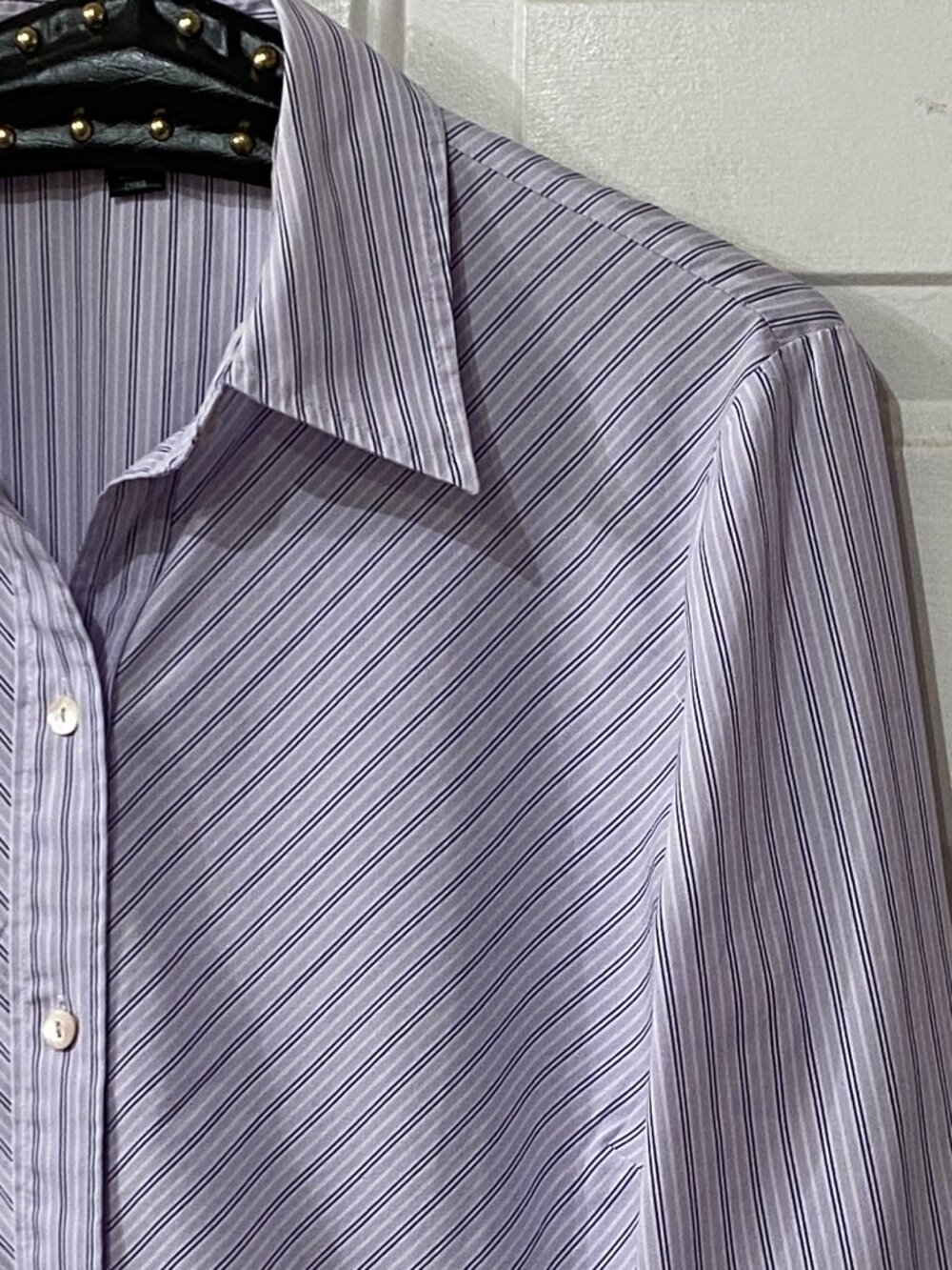 Lafayette 148 Sz 10 Blouse Button Up Shirt Long Sleeve Lavender/White Striped - Picture 3 of 10